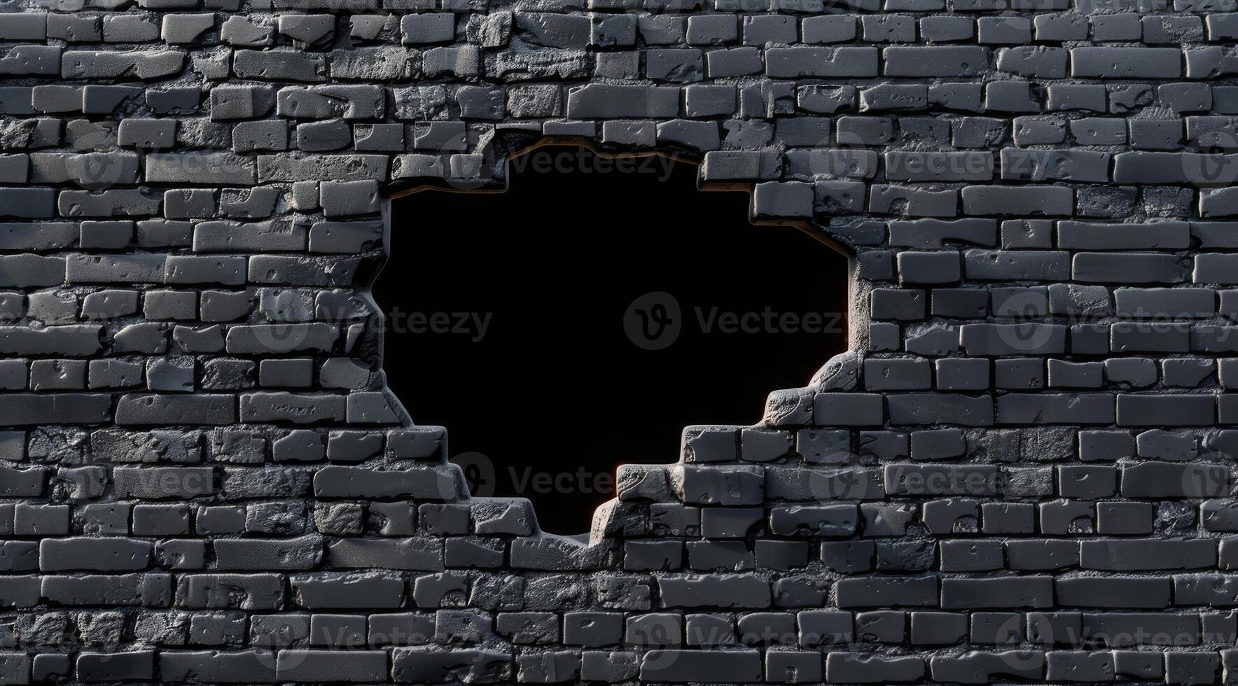 This 3D rendering displays a large hole in a black brick wall, highlighting the rough texture and depth of the bricks, enhancing the overall visual impact and interest of the scene photo