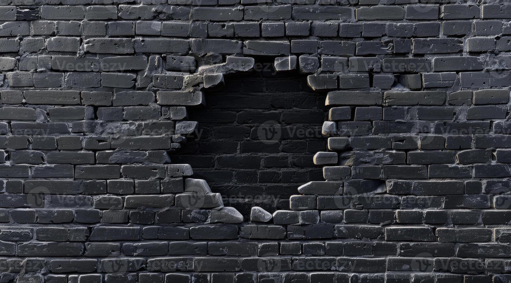 This stunning 3D rendering features a captivating hole in a textured black brick wall, highlighting the contrast between rugged bricks and the void, inviting contemplation of its details and design photo