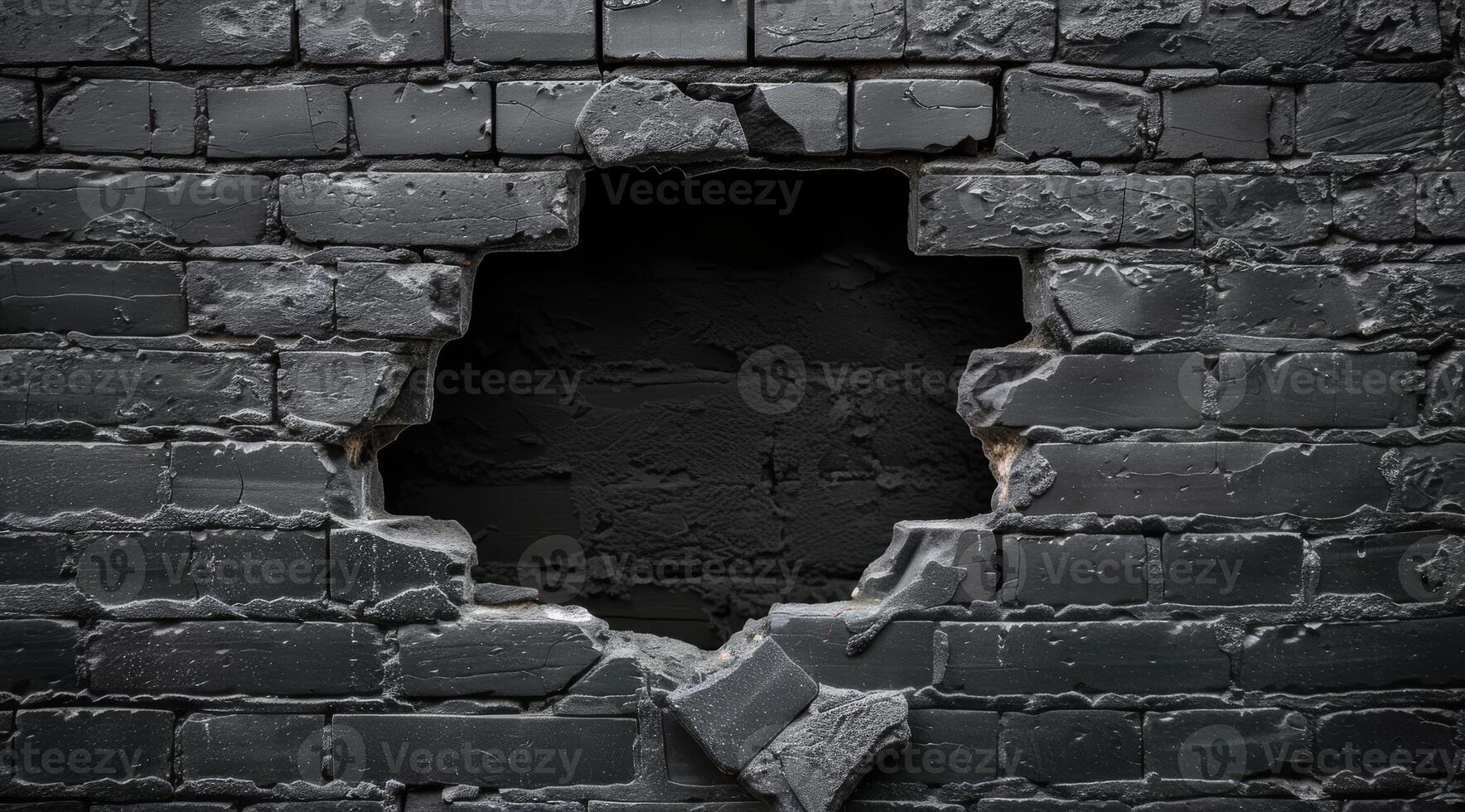 A striking and visually appealing 3D illustration that showcases a large damage hole in a textured black brick wall, allowing a glimpse into a dark, mysterious inner space beyond the wall photo