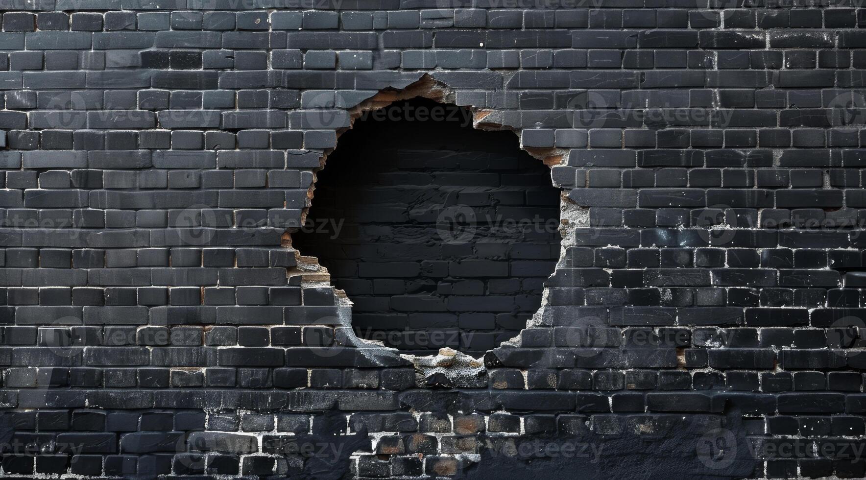 The image shows a damaged black brick wall with a large circular hole, revealing a dark interior. The aged bricks add character, making the scene visually appealing and thoughtprovoking photo