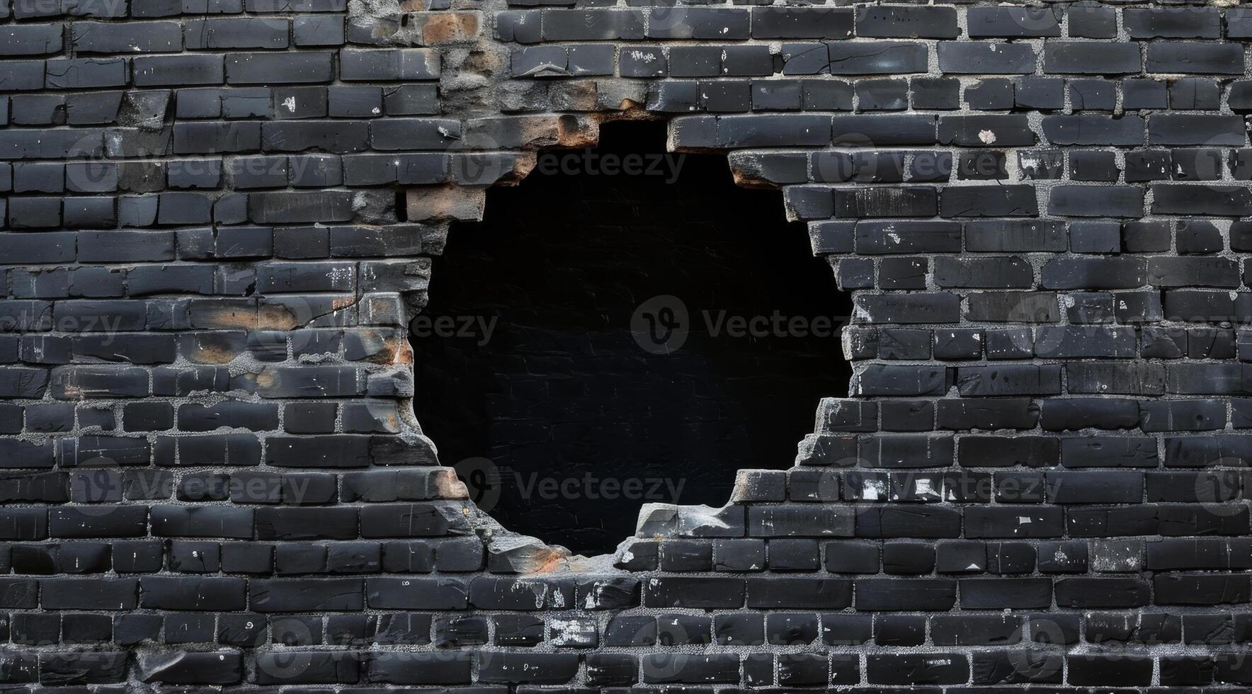 The image features a large circular hole in a wall of blackened bricks, highlighting the brick texture and depth of the opening, inviting viewers to consider the surrounding stories photo