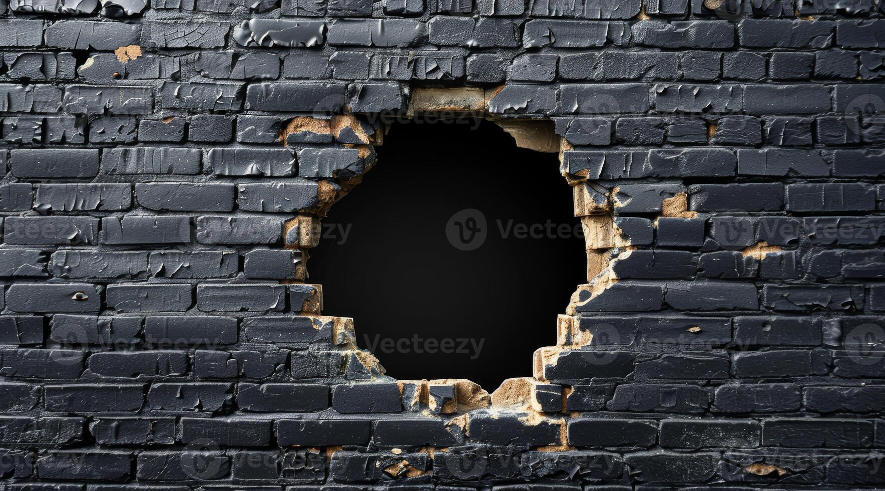 This urban scene showcases a weathered black brick wall with a large hole, adding depth and character, creating a gritty texture that makes the area feel alive with captivating stories photo