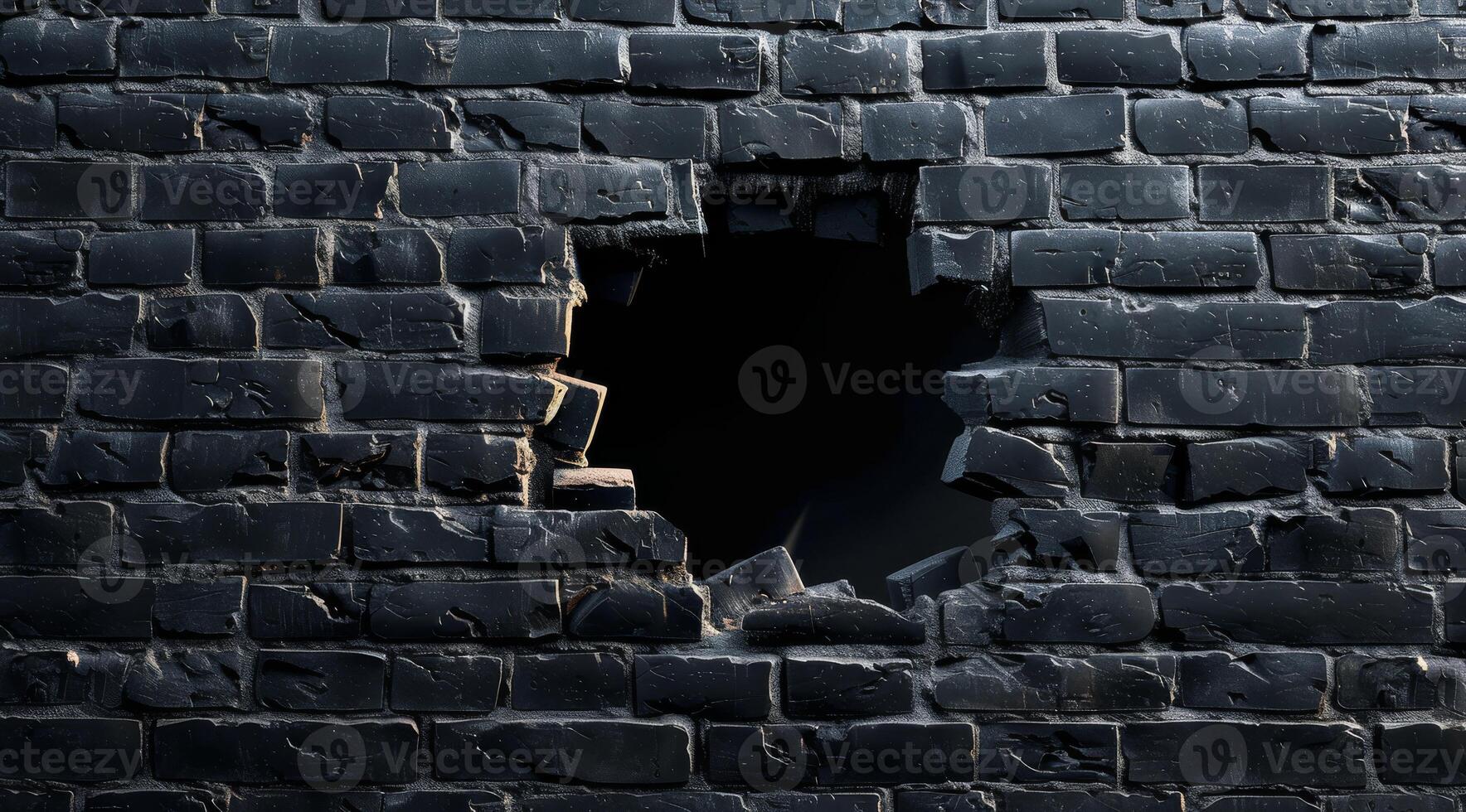 This 3D closeup vividly illustrates a crumbling black brick wall featuring a large hole that exposes the dark emptiness lurking behind it, strongly emphasizing themes of decay and disruption photo
