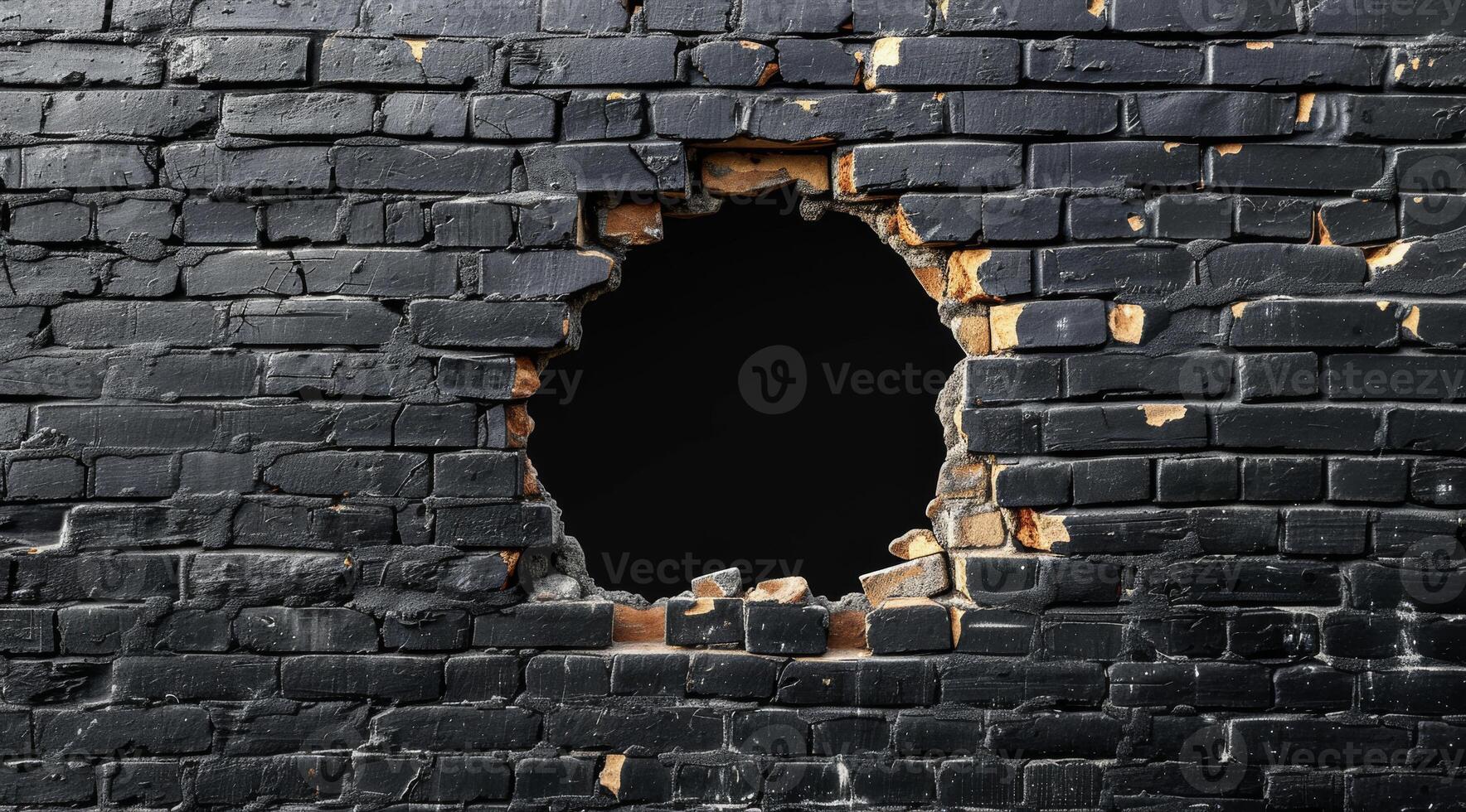 This image features a realistic 3D rendering of a hole in a black brick wall, revealing a dark void beyond. The worn brick texture adds depth and character, enhancing the scenes visual appeal photo