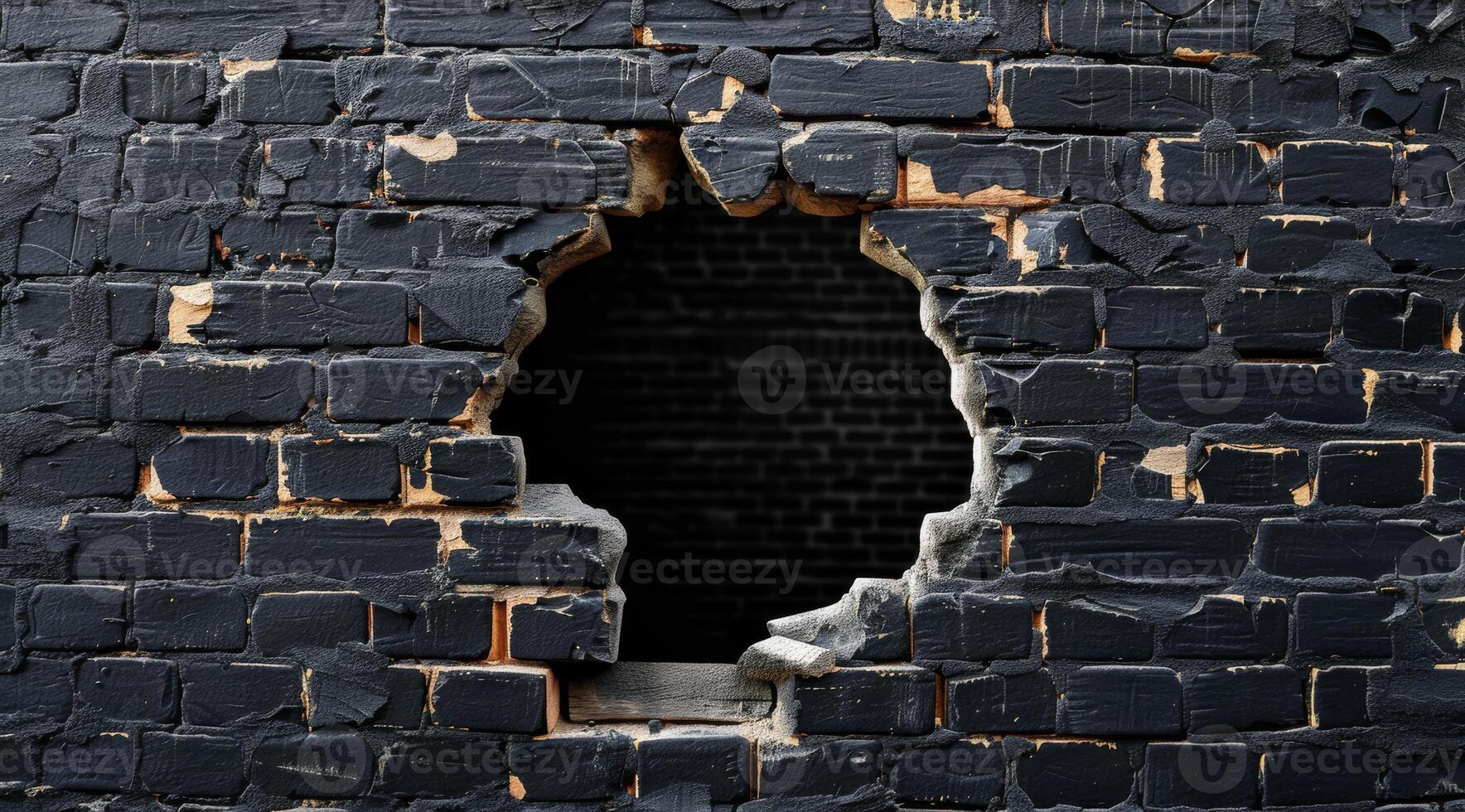This image shows a large hole in a black brick wall, revealing a mysterious dark space. It represents destruction and urban decay, evoking thoughts on abandonment in contemporary settings photo