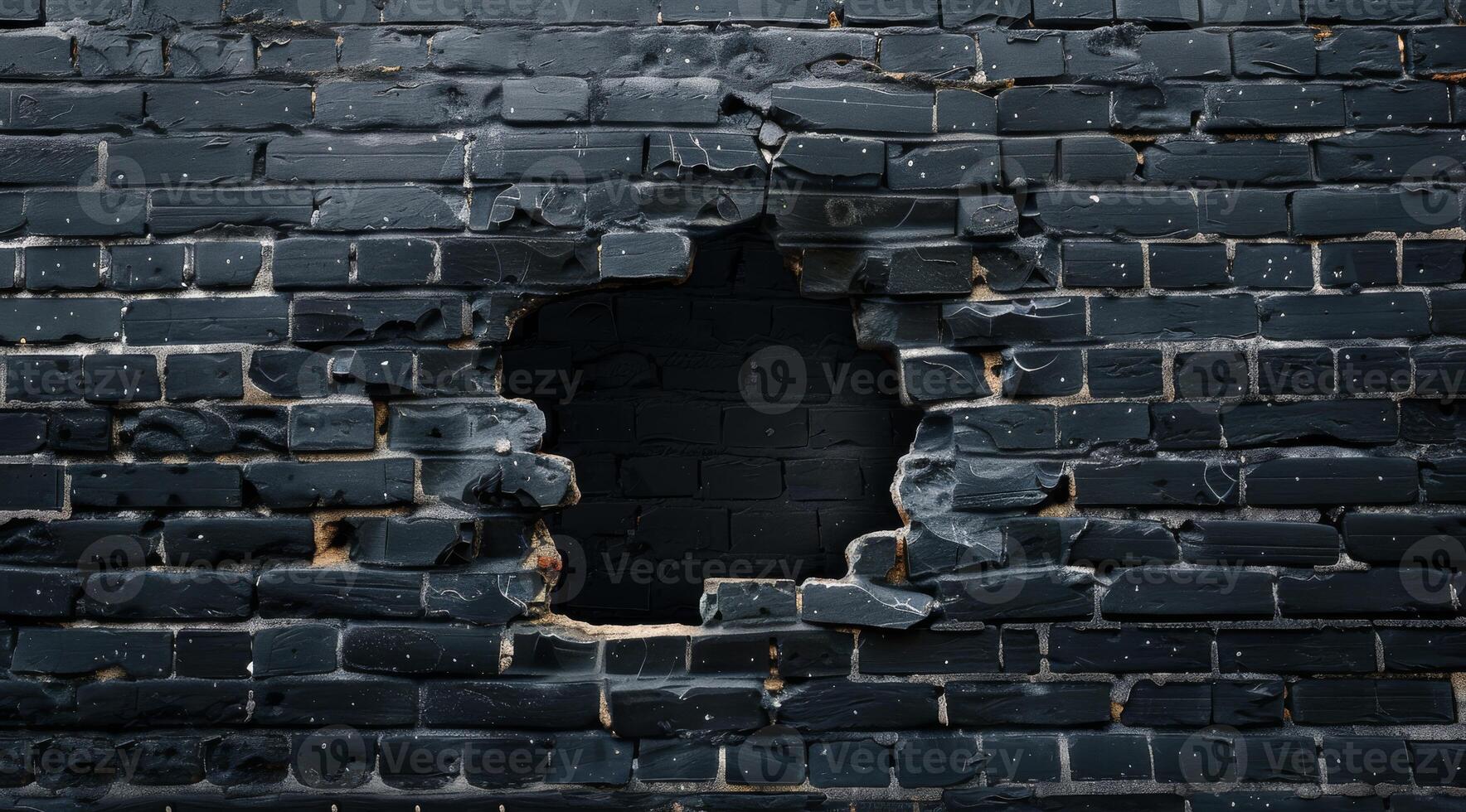 This is a closeup view showcasing a damaged black brick wall that features a prominent and noticeable hole, effectively highlighting the various textures and beautifully distressed surfaces present photo