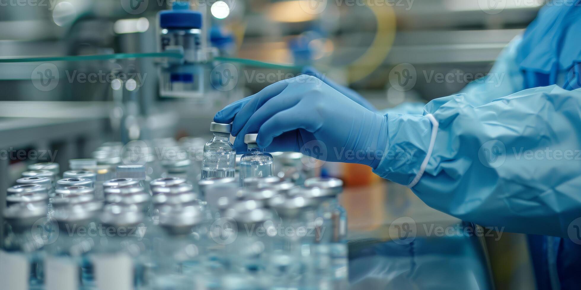 A medical worker in sterilized gloves skillfully handles vaccine vials on a hightech assembly line, highlighting the critical importance of sterile production standards in healthcare photo
