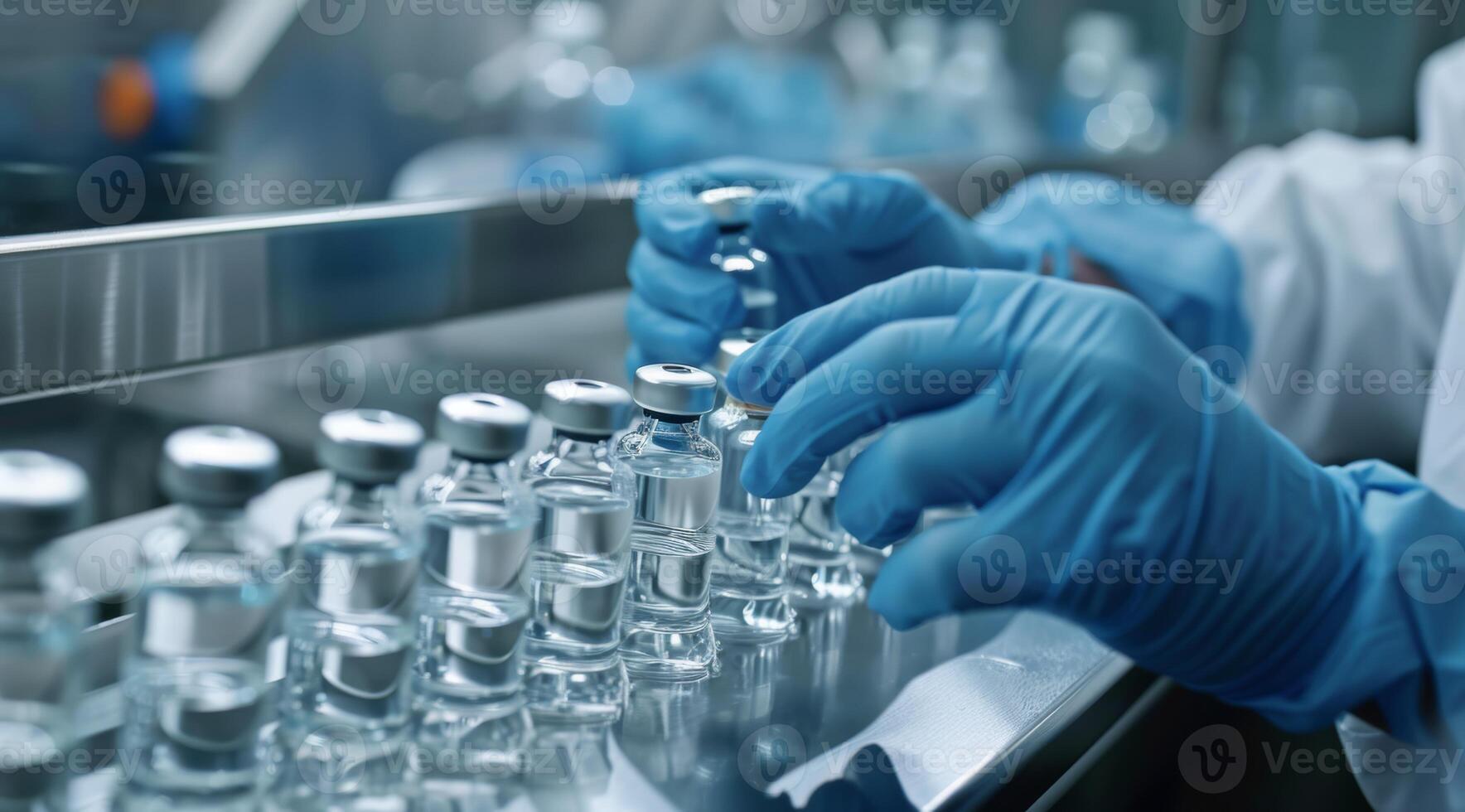 In a sterile lab, a skilled medical professional in gloves manages vaccine vials, highlighting the pharmaceutical assembly process that ensures safe and effective vaccinations for all patients photo