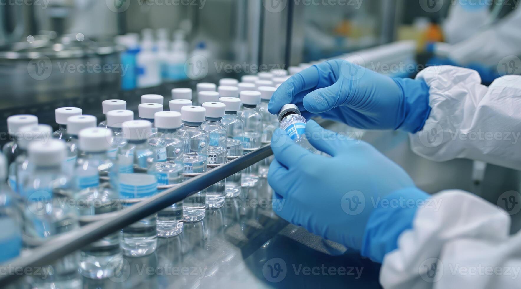 A medical professional in protective gear handles vaccine vials in a hightech pharmaceutical factory, showcasing the meticulous processes involved in ensuring vaccine safety and efficacy photo