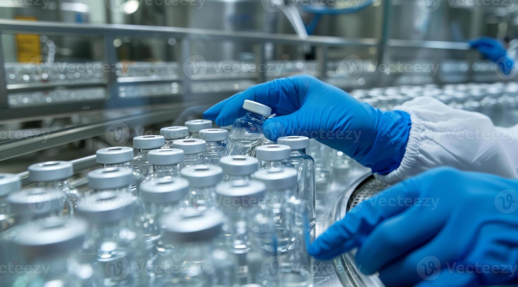 In a hightech pharmaceutical factory, a dedicated worker manages vaccine vials, demonstrating the precision and attention to detail essential in vaccine production for public health and safety photo