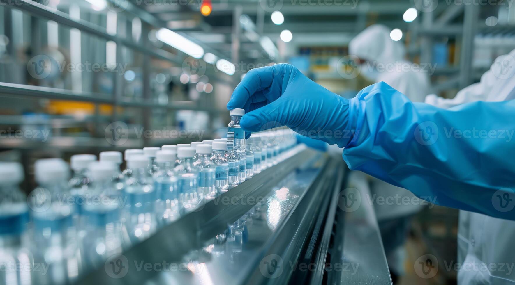 In a sterile assembly line, a dedicated pharmaceutical worker carefully handles vaccine vials, highlighting the vital role of quality control and efficient production in the industry photo