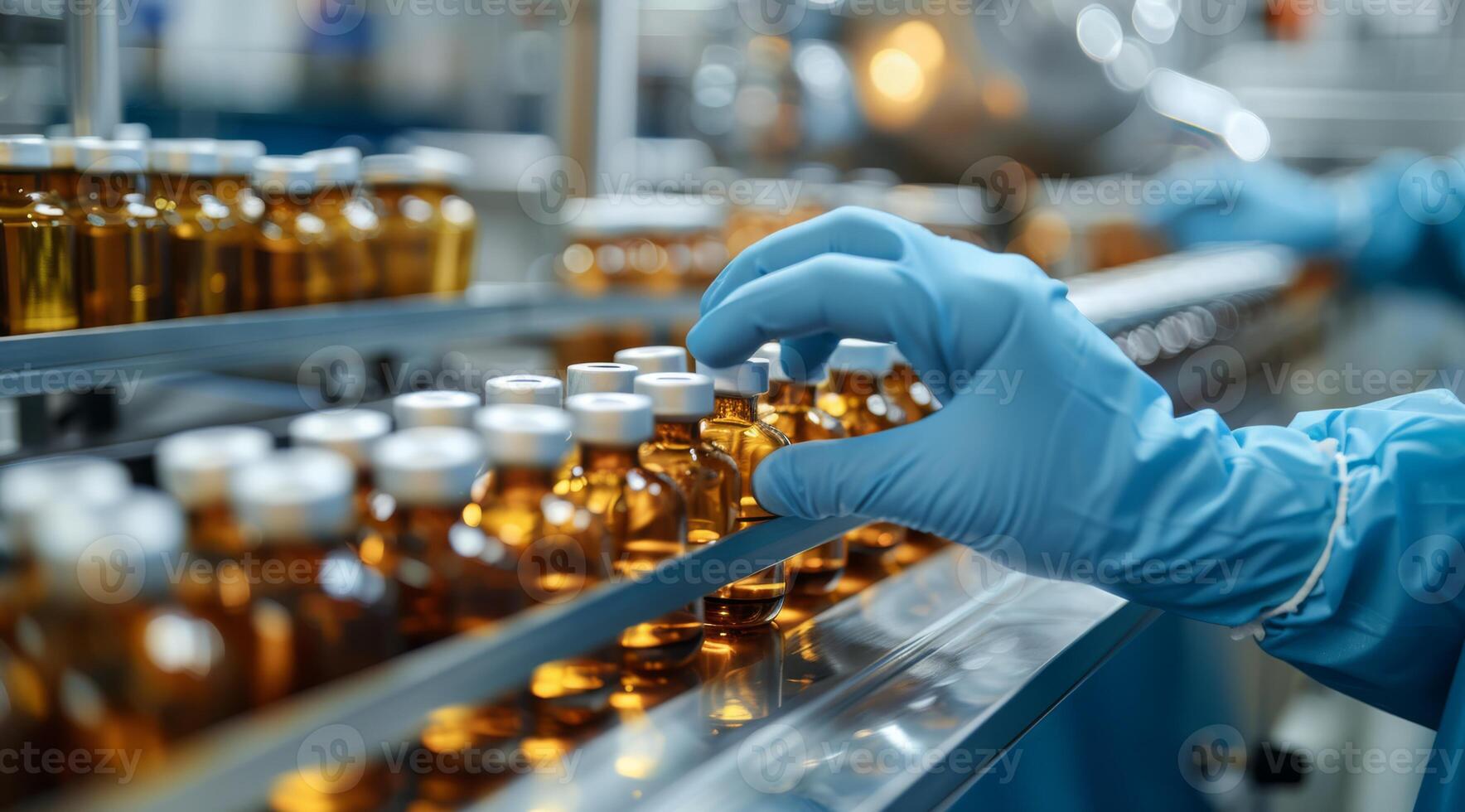 A qualified medical professional, in sterile gloves, manages vaccine vials on a busy assembly line, ensuring high standards of quality and safety in drug manufacturing, critical for public health photo