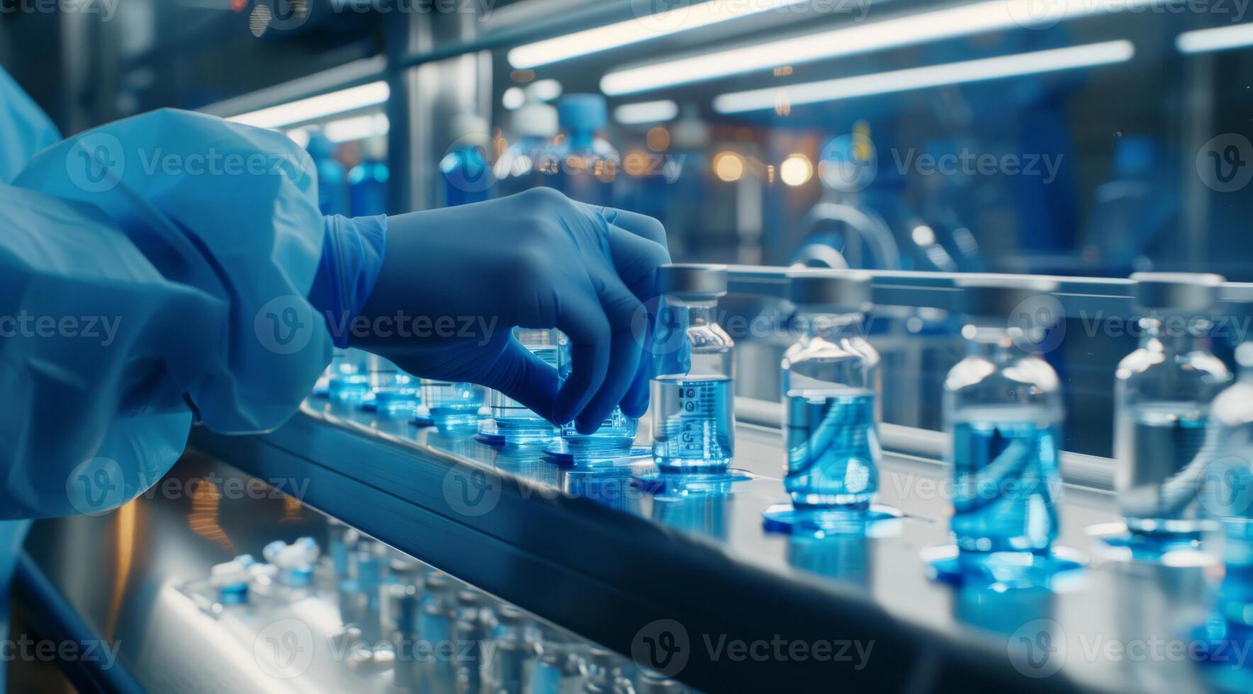 This is a detailed closeup view showcasing a dedicated medical professional who is meticulously handling vaccine vials on an assembly line within a hightech pharmaceutical factory environment photo