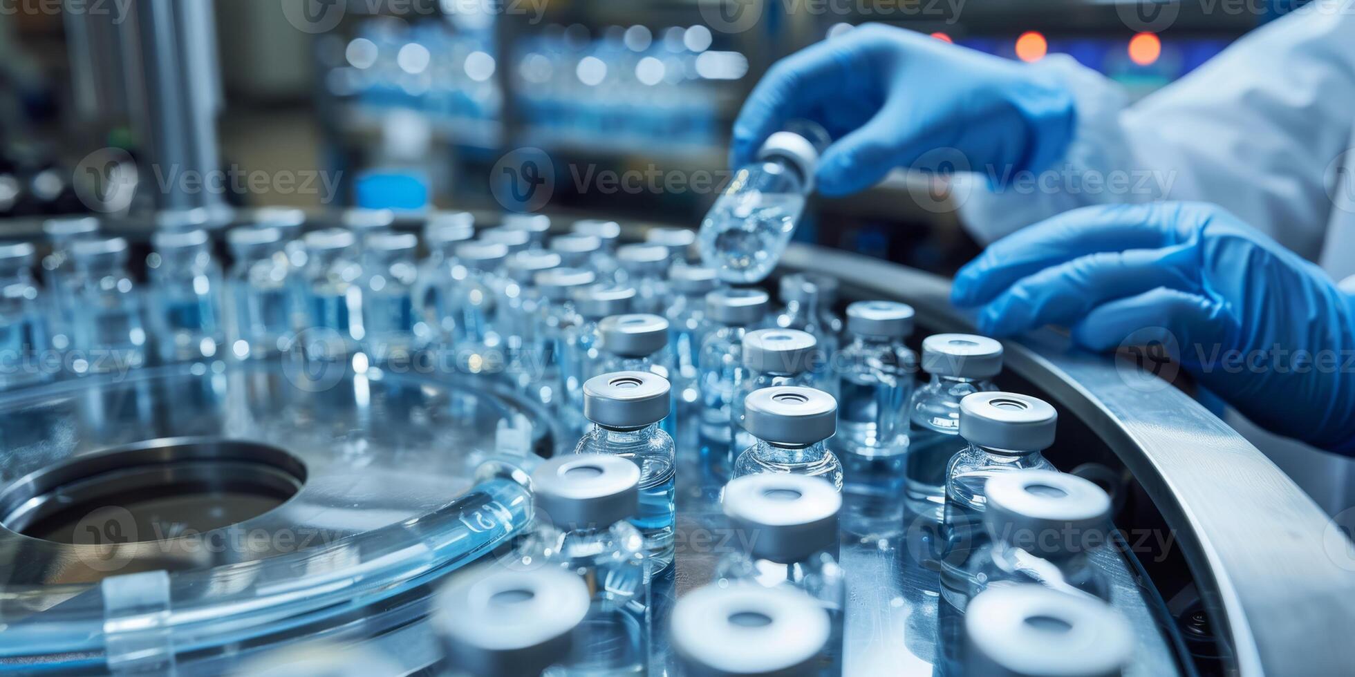 In a pharmaceutical factory, a medical worker expertly manages vaccine vials on the assembly line, emphasizing the crucial precision and accuracy needed in producing lifesaving vaccines photo