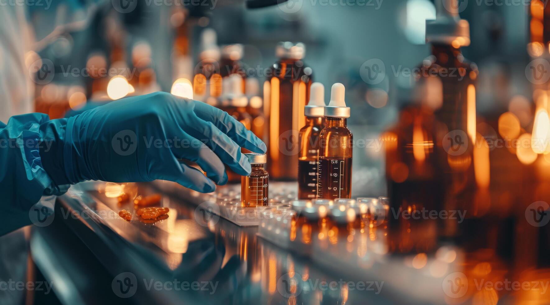 A skilled medical professional examines vials in a busy pharmaceutical factory, highlighting the precision and advanced techniques used in modern vaccine production on the assembly line photo