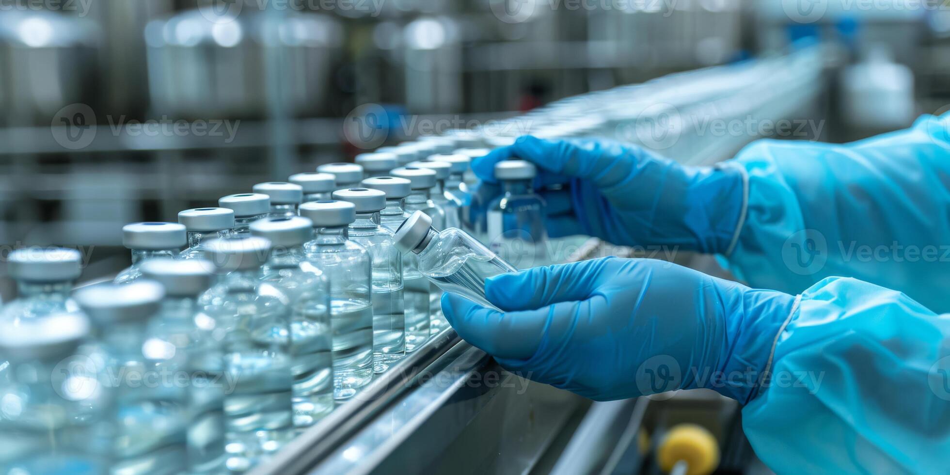 A skilled medical worker prepares vaccine vials on an assembly line in a pharmaceutical factory, emphasizing the importance of precision, careful handling, and safety in vaccine production photo