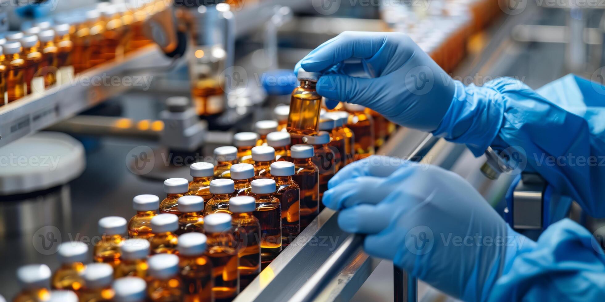 In an advanced pharmaceutical factory, a skilled professional manages vaccine vials with precision and attention to detail, ensuring a sterile environment and high health and safety standards photo