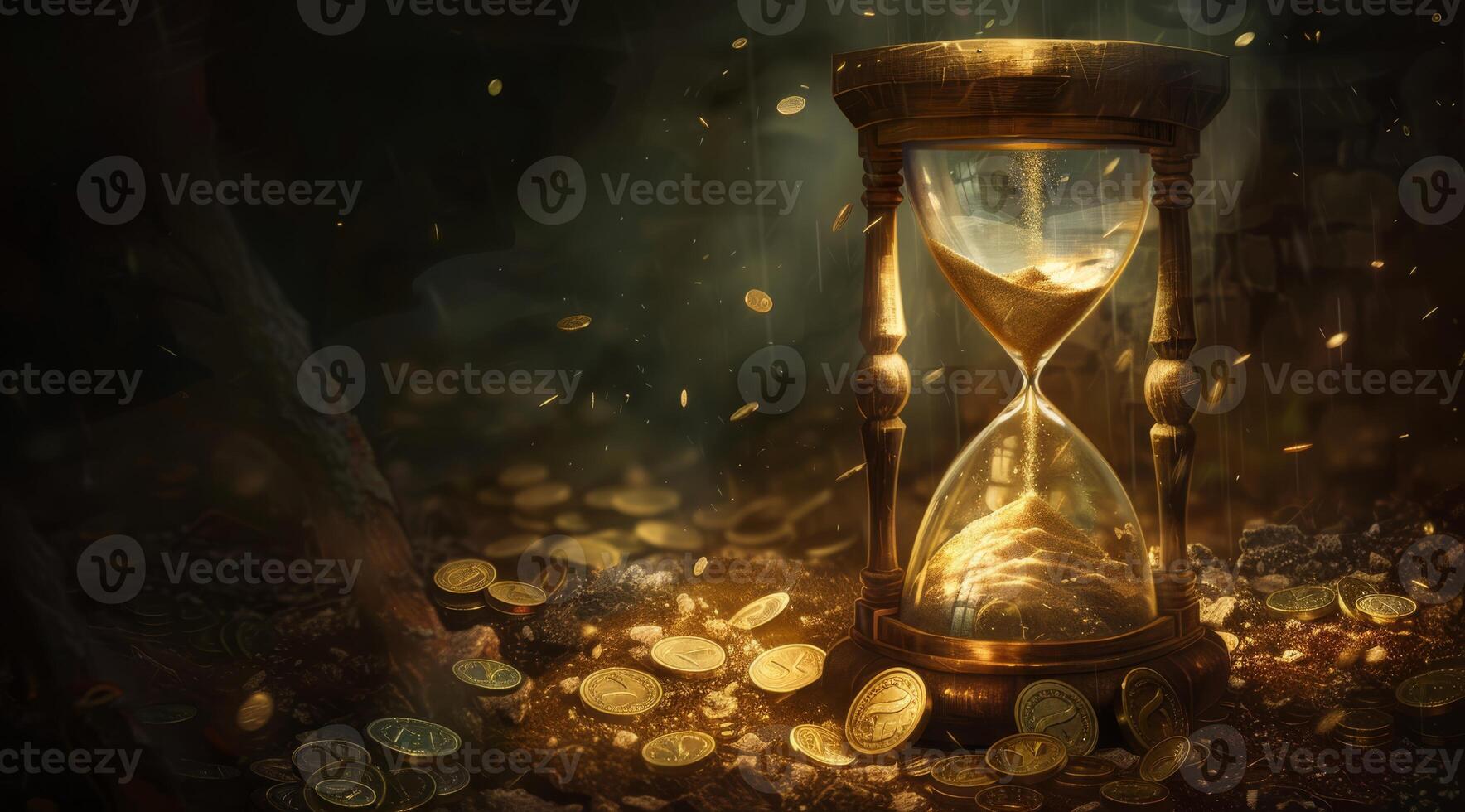 An hourglass rests among shimmering gold coins, illuminated by soft light, symbolizing the relentless passage of time and the allure of hidden riches that attract the adventurous spirit photo