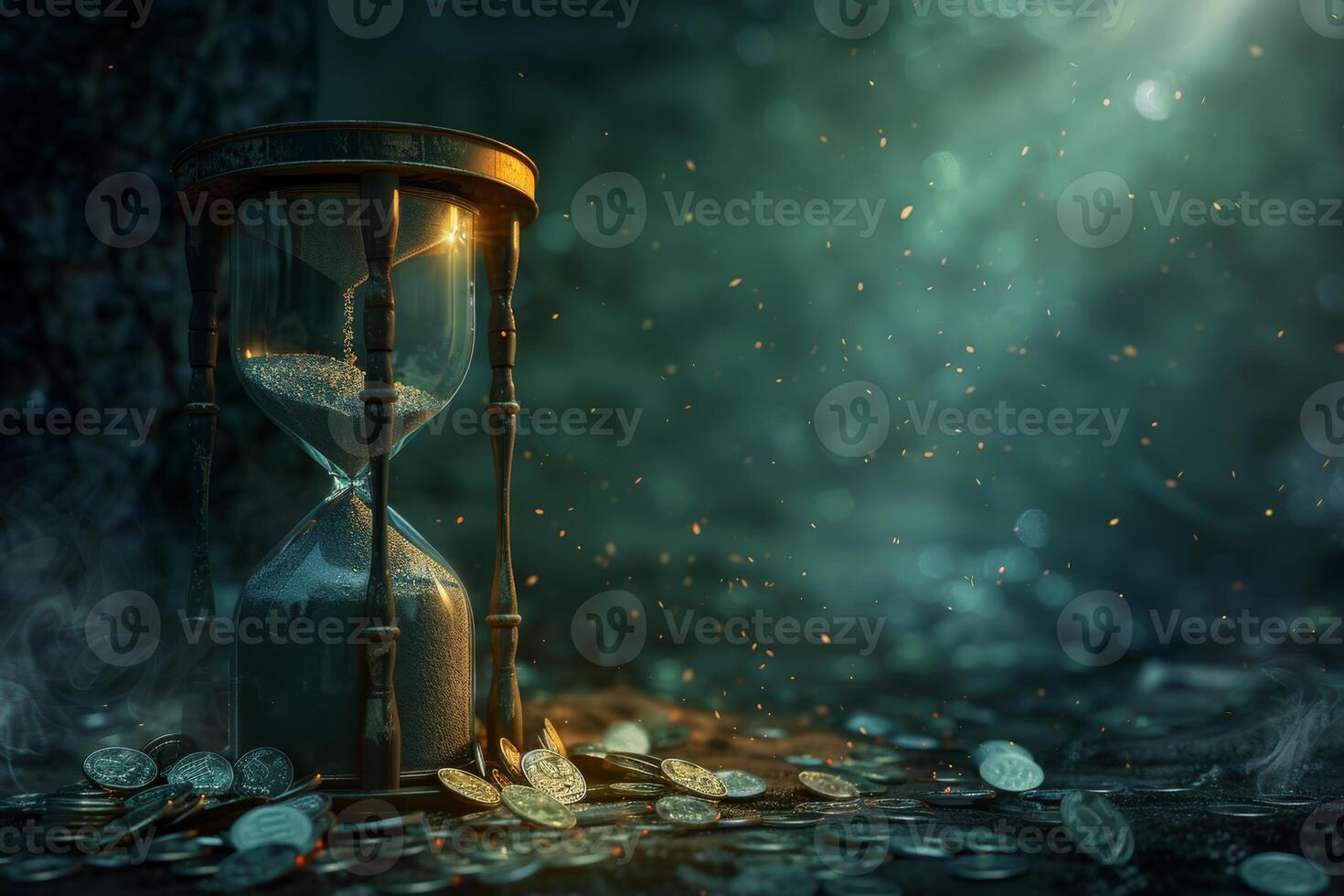 Amid shimmering coins, an enchanting hourglass glows softly, emphasizing time and treasure in a dreamlike atmosphere, provoking contemplation and wonder about lifes mysteries and journey photo