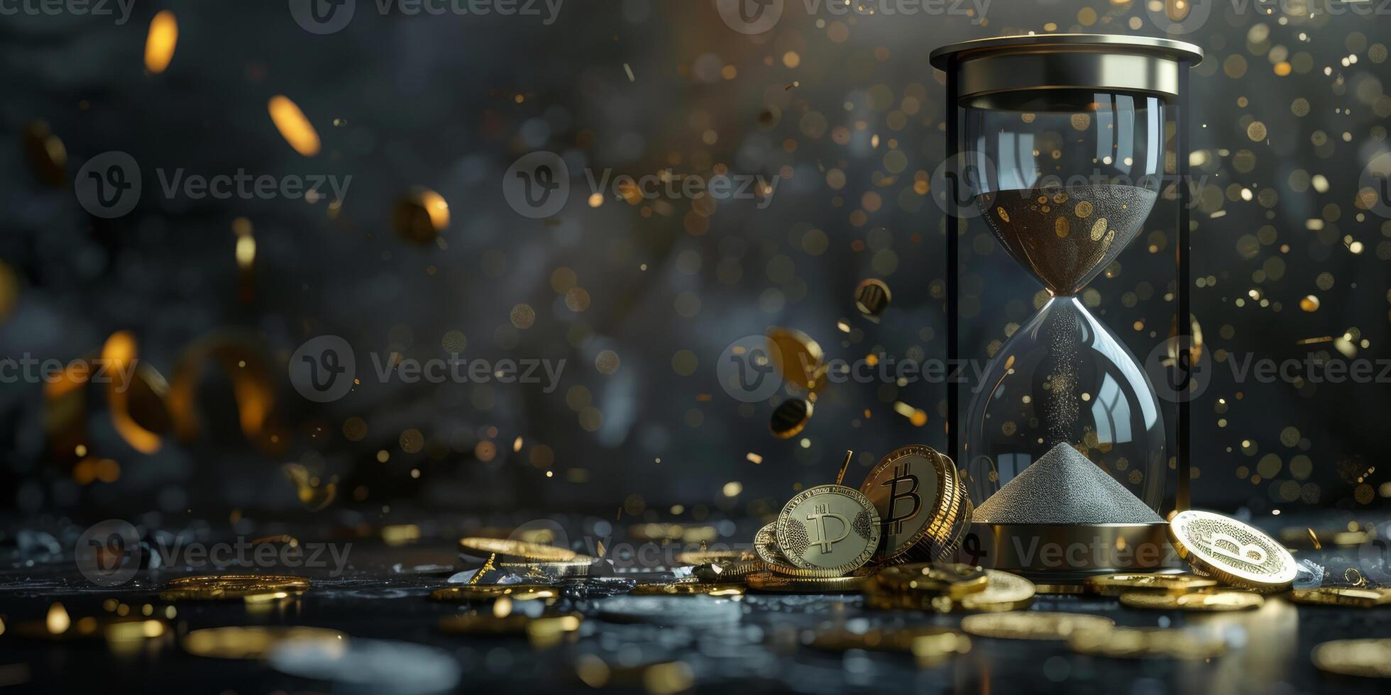 An exquisite hourglass surrounded by golden coins symbolizes the interplay of time and wealth, captivating viewers with its design that invites reflection on the value of currency and moments in life photo