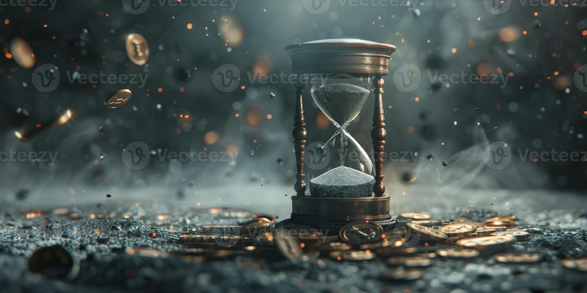 An artistic hourglass, filled with sand, stands central to the scene, surrounded by coins, symbolizing the passage of time and the accumulation of wealth in a unique metaphorical way photo