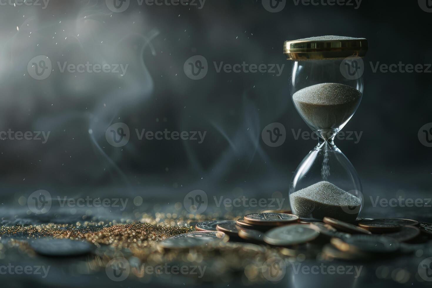 An artistic hourglass surrounded by scattered coins symbolizes the passage of time and the value of wealth, capturing the impact of time on financial decisions and encouraging contemplation photo