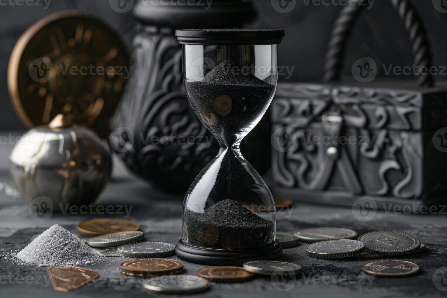 This striking artistic composition showcases an hourglass, vintage coins, and an ornate treasure chest, which together beautifully symbolize the continuous passage of time and the concept of wealth photo