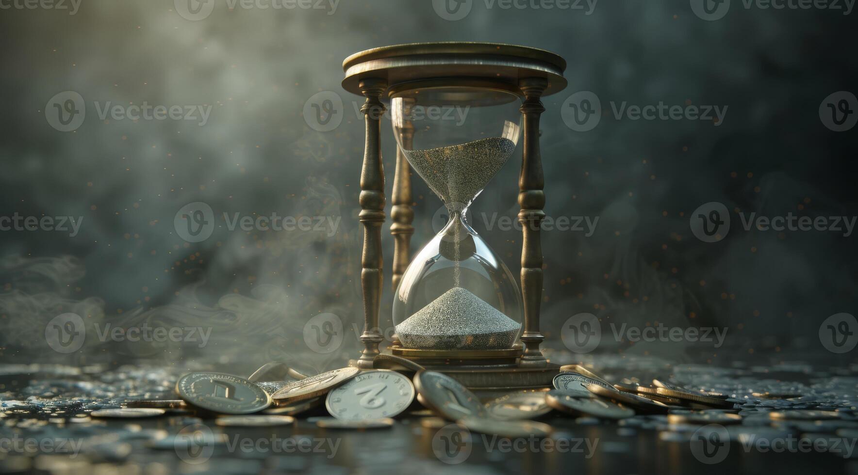 An hourglass surrounded by scattered coins symbolizes the passage of time and the value of financial resources, reflecting lifes fleeting moments and our aspirations for economic success photo