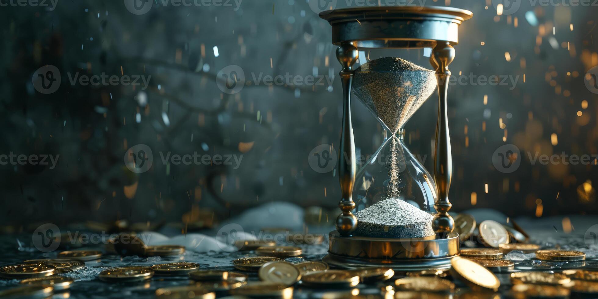 An ornate hourglass rests among sparkling gold coins, symbolizing the relentless passage of time and great wealth, as grains of sand cascade down in a captivating flow of lifes fleeting moments photo