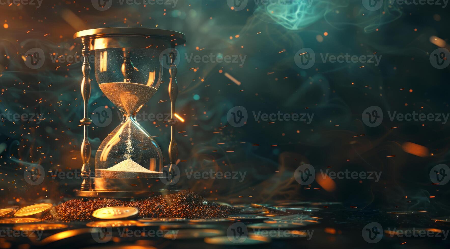 An elegant hourglass sits amid shimmering particles and coins, symbolizing the passage of time and the intrinsic value of each precious moment that defines our lives and experiences photo