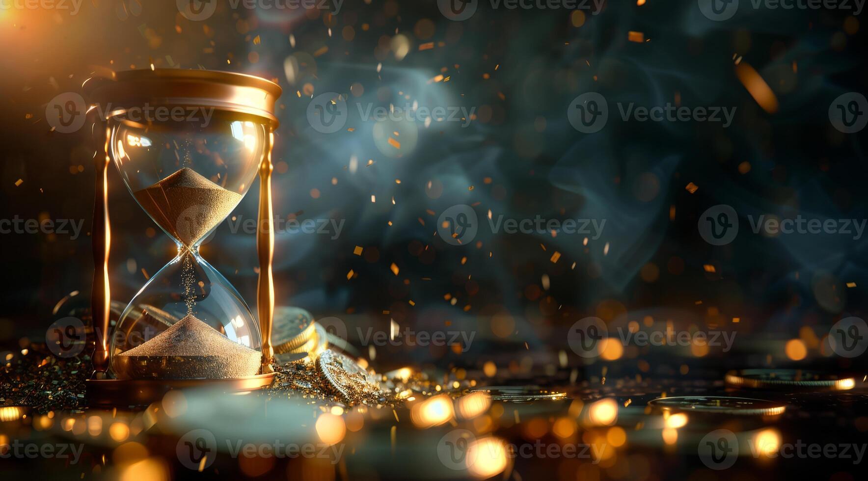 A mesmerizing hourglass, artfully surrounded by swirling dust and sparkling glimmering lights, beautifully embodying the intricate passage of time within an enchanting and mystical ambiance photo
