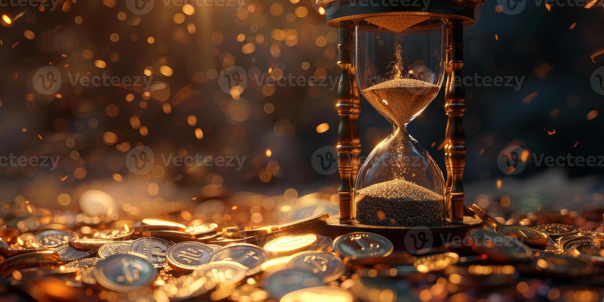 An artistic hourglass filled with shining coins symbolizes the passage of time and wealth. Under warm glow, its beautifully illuminated, enhancing its visual appeal and attracting attention photo