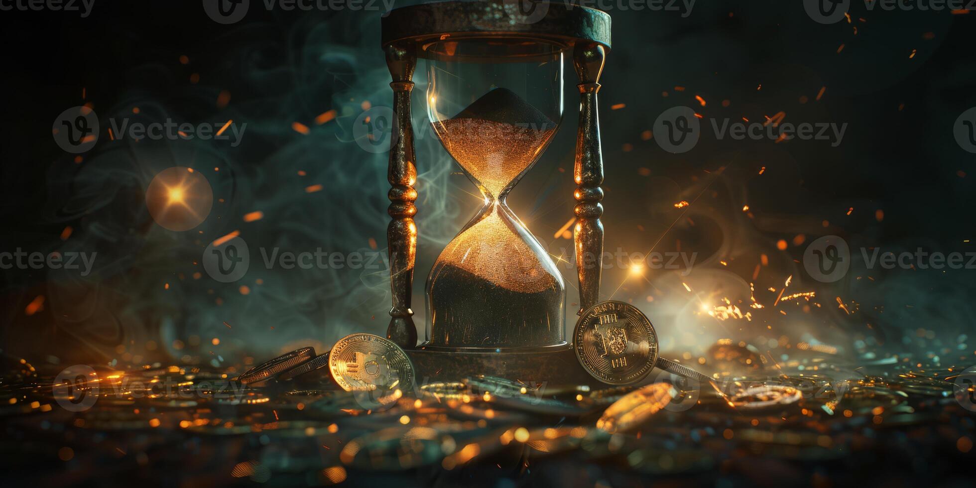 An enchanting hourglass glows vividly amidst a pile of sparkling gold and shimmering coins, representing not only the passage of time but also the allure and desire for wealth and abundance in life photo