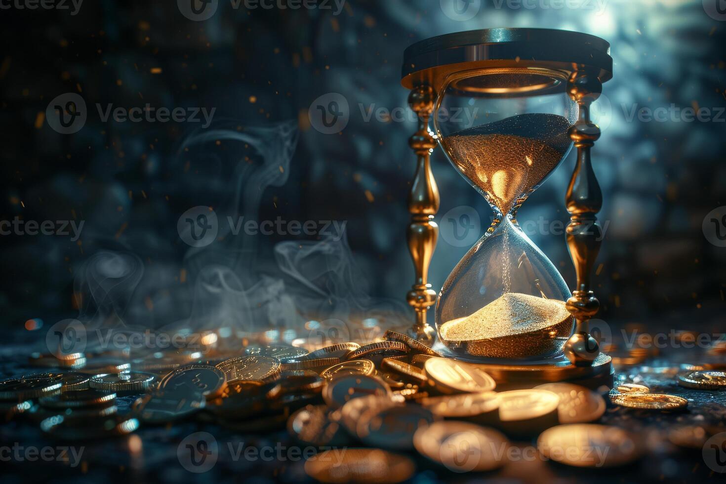 A beautifully designed golden hourglass gracefully sits atop an opulent pile of shimmering coins, symbolizing the intricate interplay of time and wealth, inviting contemplation and reflection photo