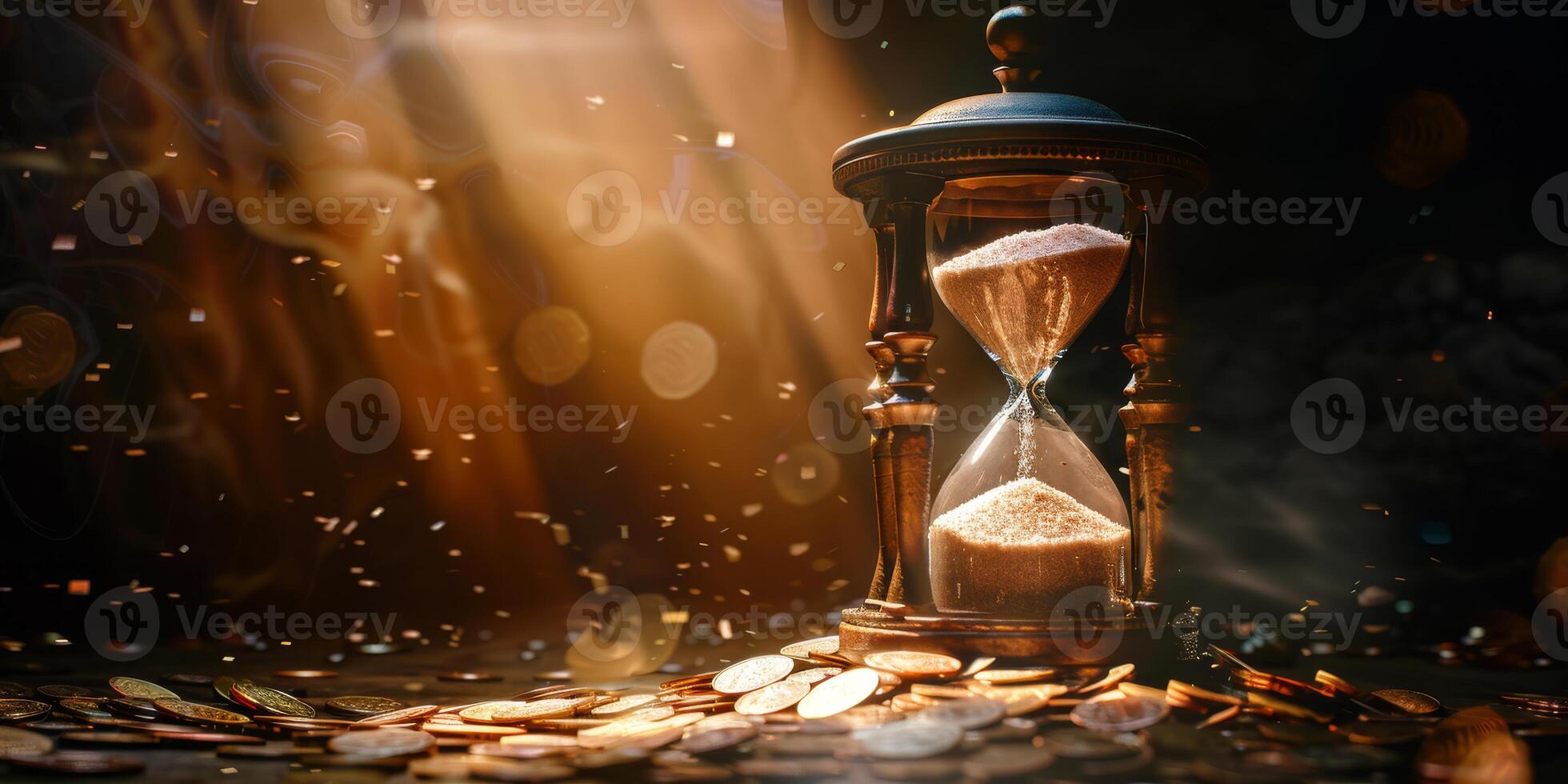 An exquisite hourglass beautifully set in a stunning light, symbolizing the passage of time as golden grains gracefully flow from the top to the bottom, capturing the elegance of each moment photo