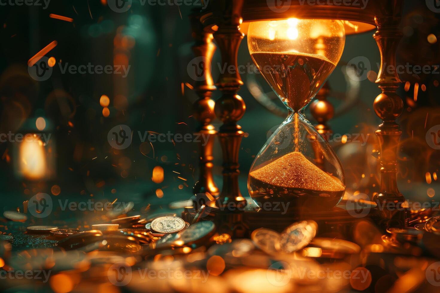A mesmerizing hourglass, glowing with shimmering golden sand, is elegantly surrounded by scattered coins, symbolizing the intricate passage of time as well as the richness of wealth and abundance photo