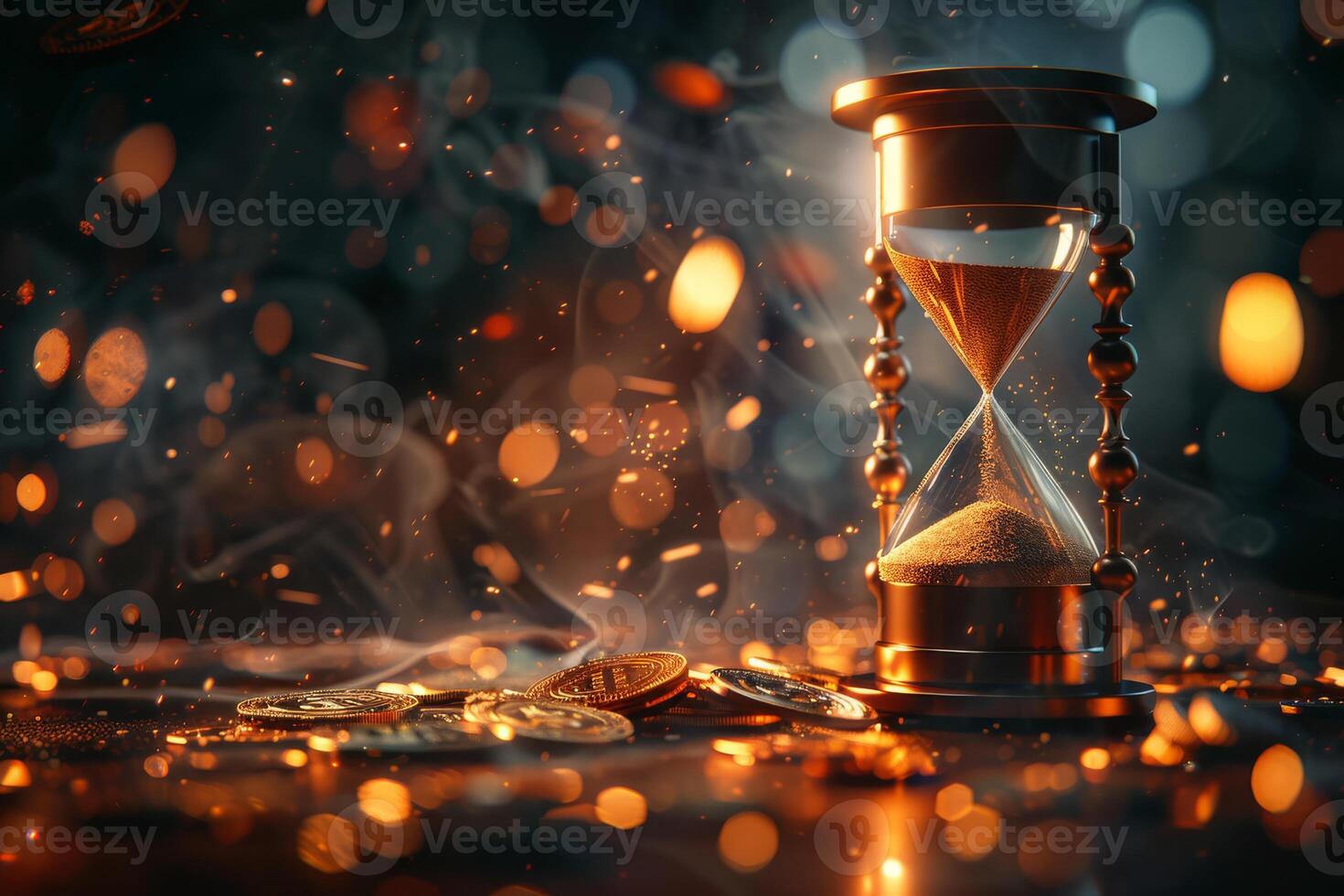 An enchanting hourglass, surrounded by shimmering particles, reflects the essence of time, while scattered coins add to the mystical ambiance that captivates the viewers imagination photo