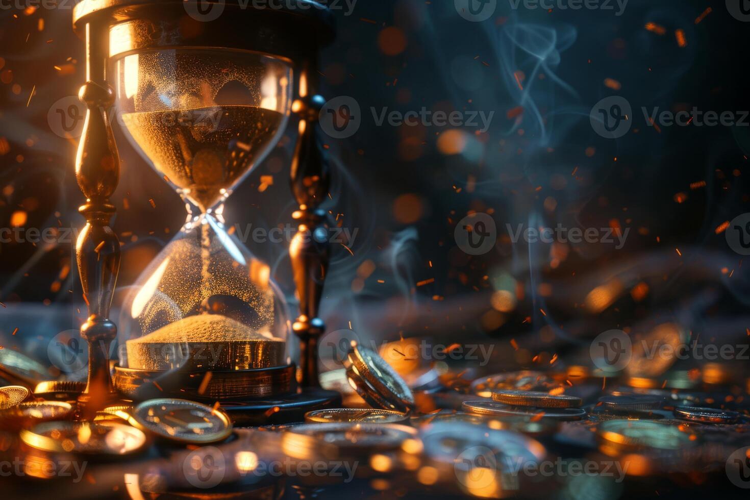 This beautiful and artistic depiction features a stunning hourglass elegantly surrounded by shimmering coins, richly symbolizing the intricate passage of time intertwined with wealth and abundance photo