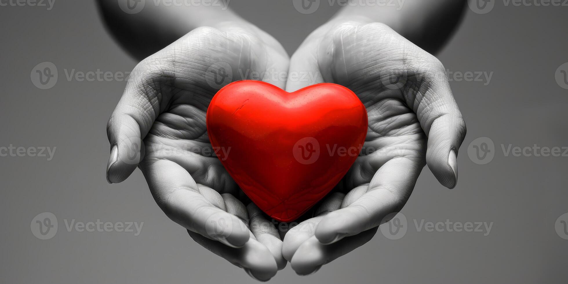 An image depicts two hands gently and lovingly cupping a vivid, bright red heart against a soft, monochromatic backdrop photo