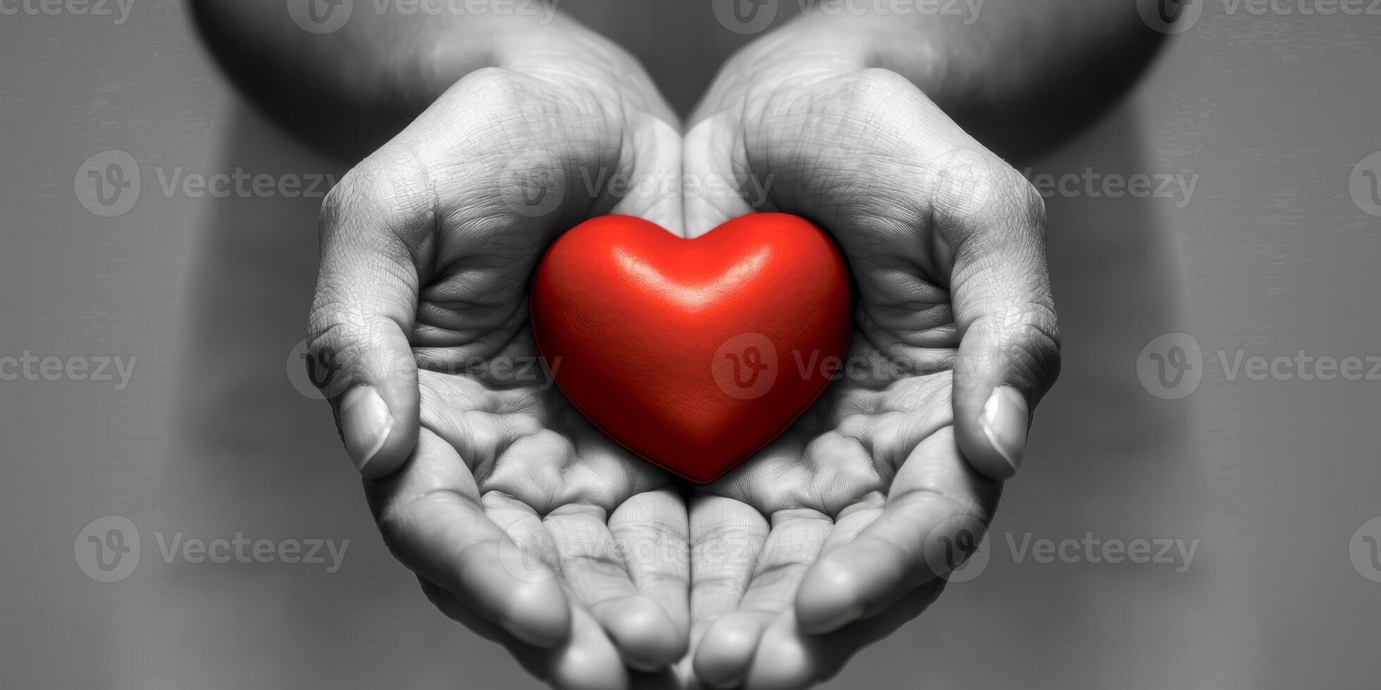 A striking and captivating image of multiple hands gently cradling a vibrant red heart against a monochrome background photo