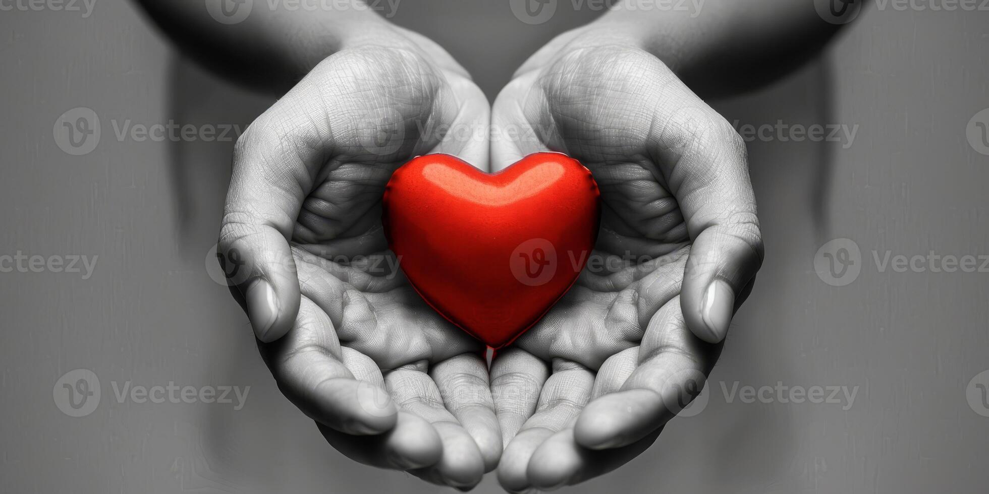 A heartfelt image showcasing a vibrant red heart held gently in hands, symbolizing love and compassion. photo