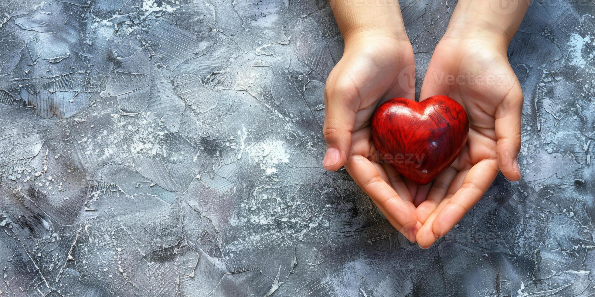 Interlaced hands hold a vibrant red heart on a textured gray surface, symbolizing profound love and care photo