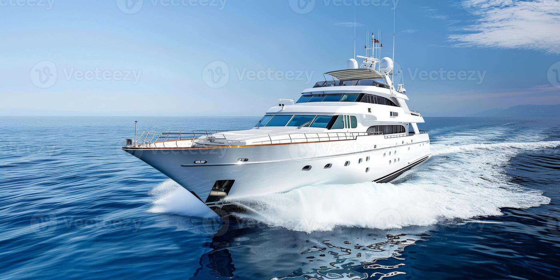 A stunning luxury yacht is elegantly gliding through the calm blue waters, all beneath a beautifully clear sky photo