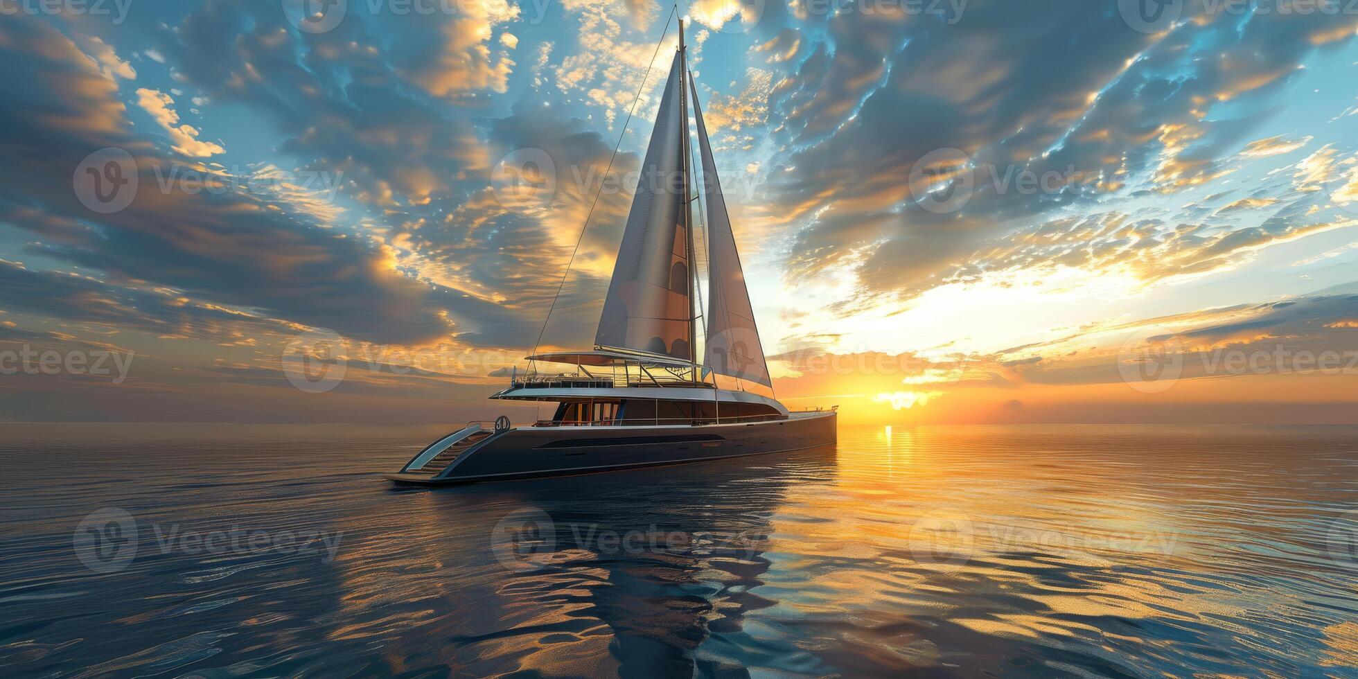 A stunning sailboat glides over calm waters at sunset, surrounded by vibrant skies perfect for sailing photo