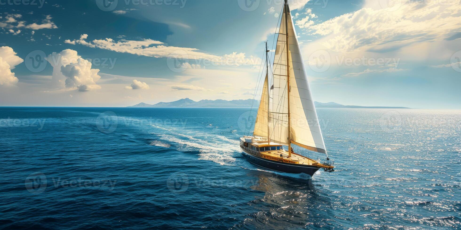 A beautiful sailing boat glides gracefully across the calm, tranquil waters, framed by soft clouds and a vibrant sunset photo