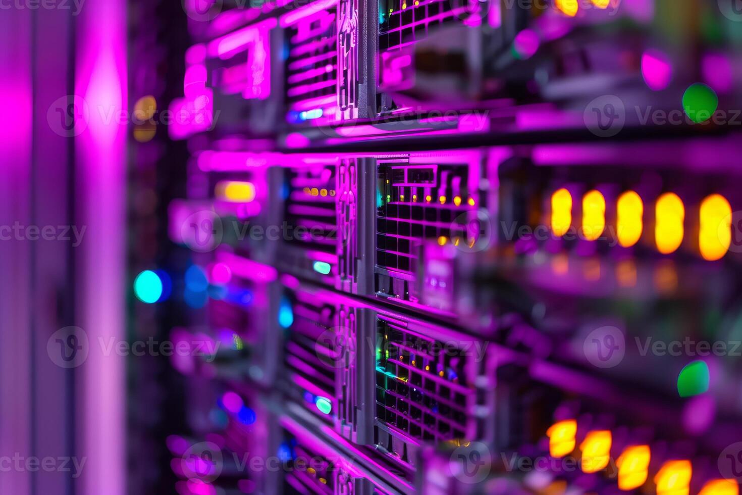 This vibrant data center is showcasing the latest advanced server technology along with striking LED lighting features photo