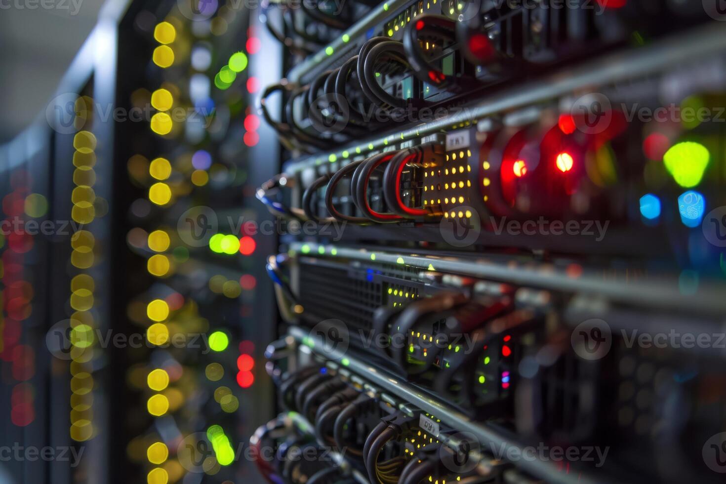 A close-up view of server racks illuminated with colorful lights and intricate cabling in a data center. photo
