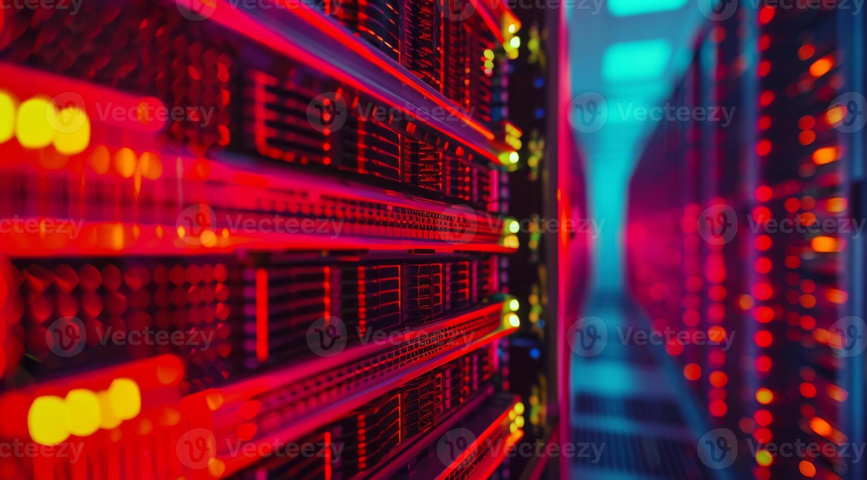 This is a detailed closeup view showcasing illuminated server racks situated in a stateoftheart data center photo