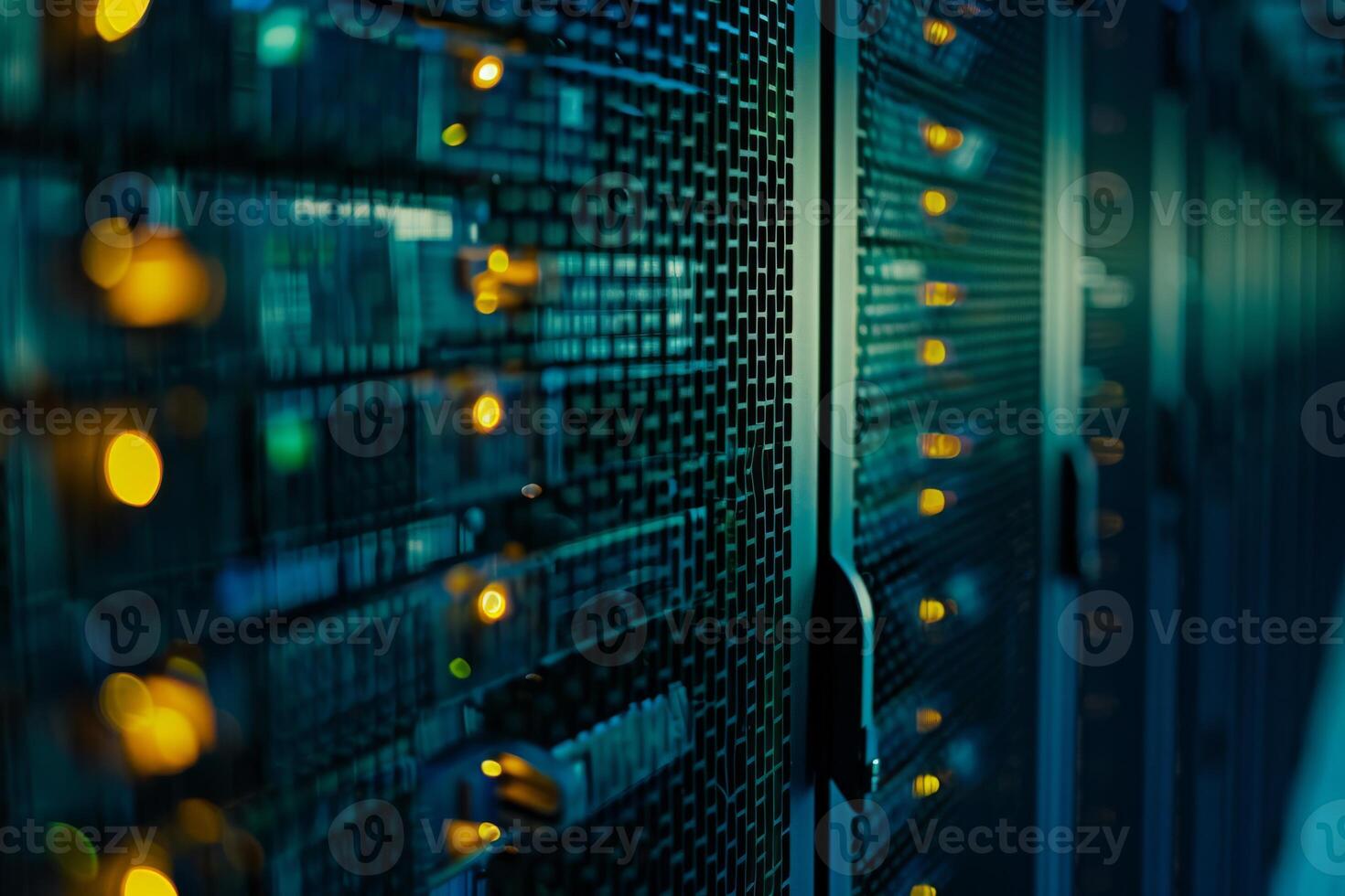 Closeup of server racks in a modern data center, featuring illuminated network ports and connections photo