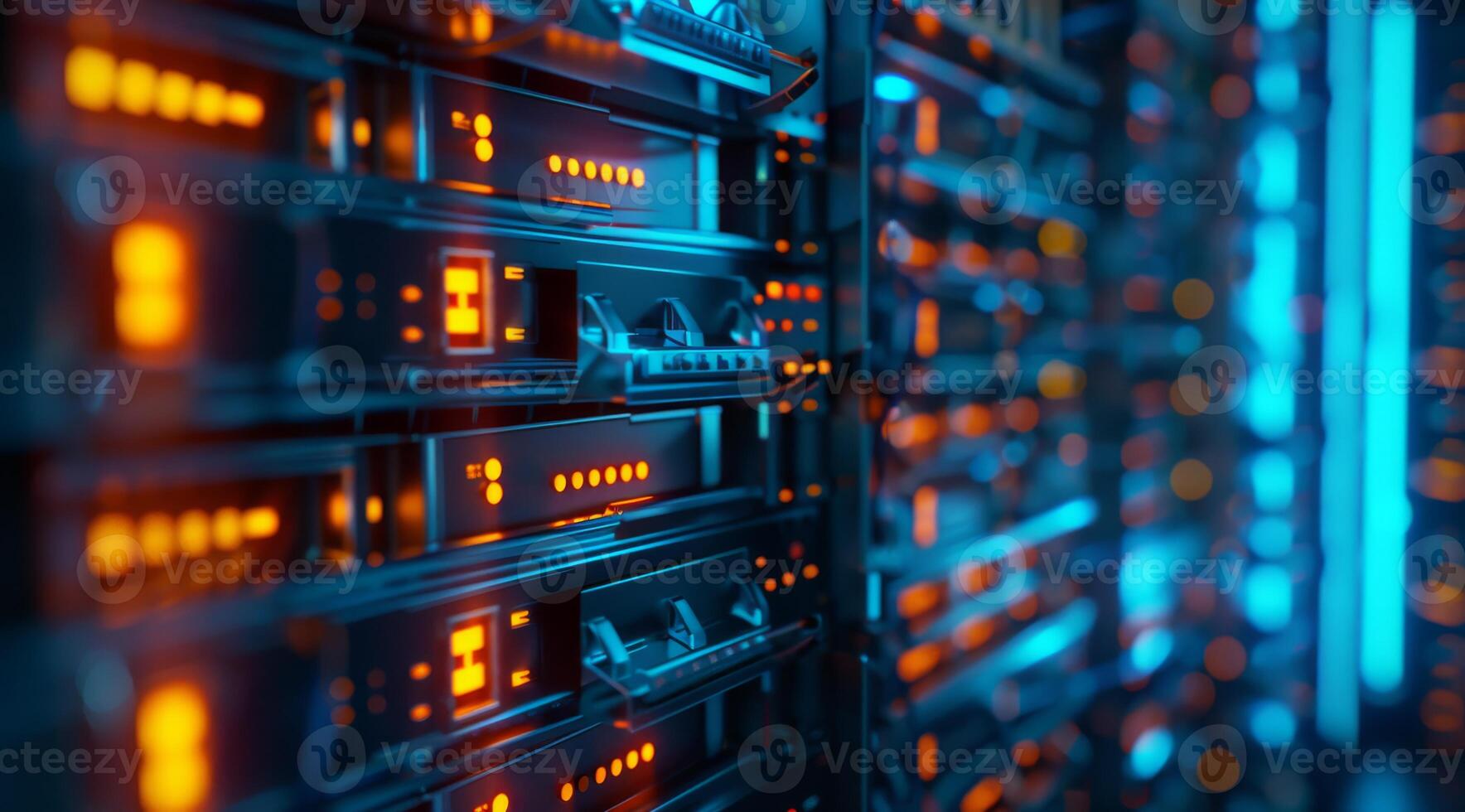 A vibrant and modern data center showcasing illuminated server racks adorned with stunning blue and orange lights photo
